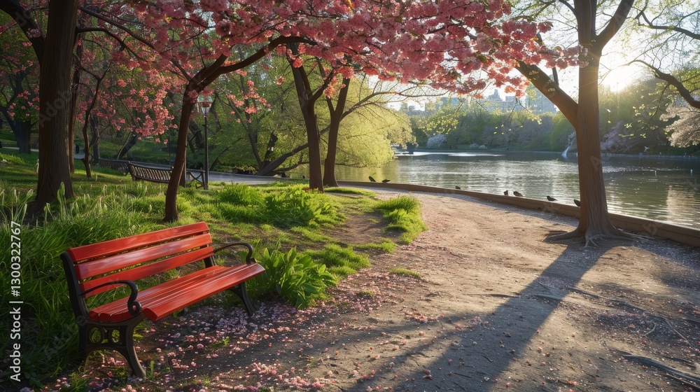 Tranquil park view with lush pink cherry blossoms and a solitary red bench for reflection Tranquil park view with lush pink cherry blossoms and a solitary red bench for reflection