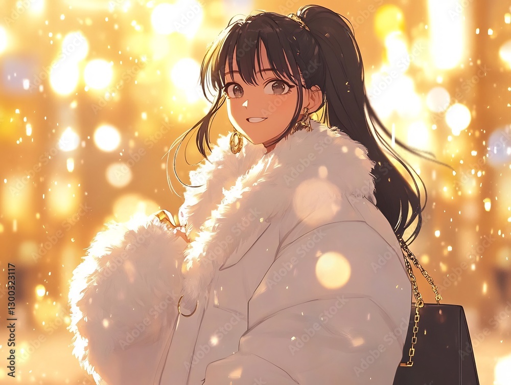 luxury anime girl in elegant fur coat holding designer handbag in fashion art luxury anime girl in elegant fur coat holding designer handbag in fashion art