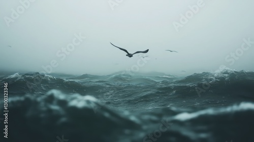 Lone Bird Flying Over a Dark and Choppy Sea Under a Misty Sky