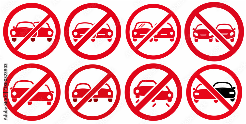 Road Rules An array of red traffic signs showcase forbidden car maneuvers, including no passing, no overtaking, and other traffic regulations in this instructive illustration. Road Rules An array of red traffic signs showcase forbidden car maneuvers, including no passing, no overtaking, and other traffic regulations in this instructive illustration.