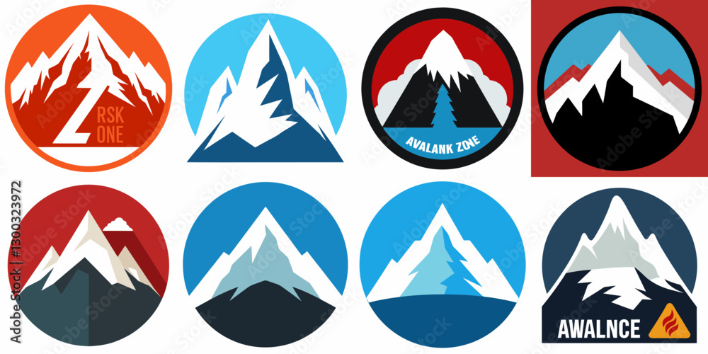 Obraz premium Mountain Icons A collection of stylized mountain icons in diverse designs, showcasing the peaks in a variety of artistic and minimalistic compositions.