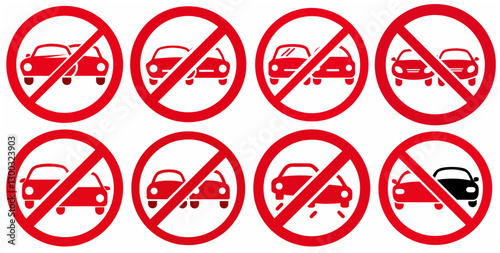 Road Rules An array of red traffic signs showcase forbidden car maneuvers, including no passing, no overtaking, and other traffic regulations in this instructive illustration. 