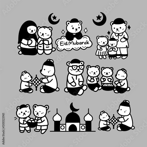 set of bears cartoon characters celebrating eid mubarak