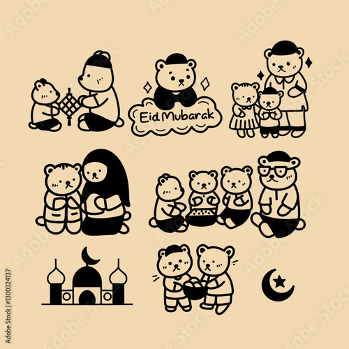 set of bears cartoon characters celebrating eid mubarak