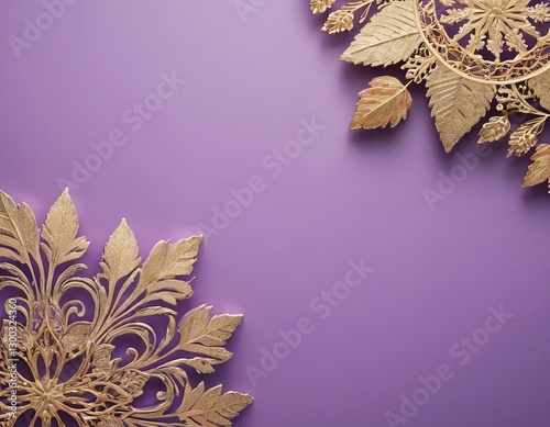 Intricate golden foliage designs on a vibrant purple background.