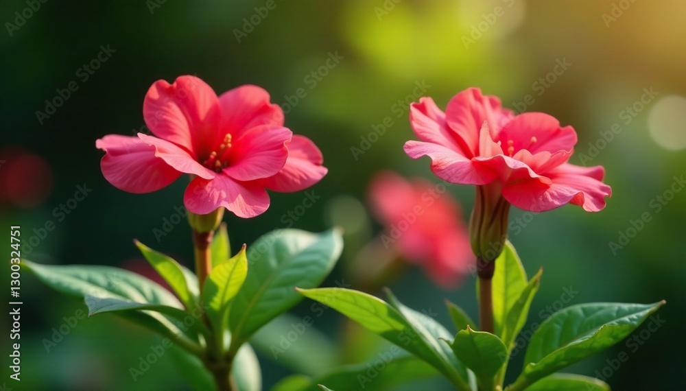 Blooming Adenium flowers with green leaves and stems, botanical flowers, gardening tips, stem details Blooming Adenium flowers with green leaves and stems, botanical flowers, gardening tips, stem details