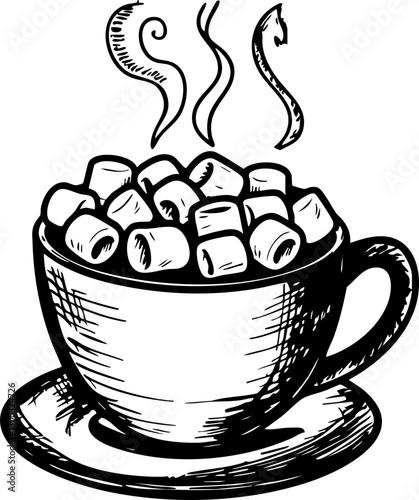 Warm hot chocolate with marshmallows cozy kitchen food illustration rustic setting artistic perspective comfort drink