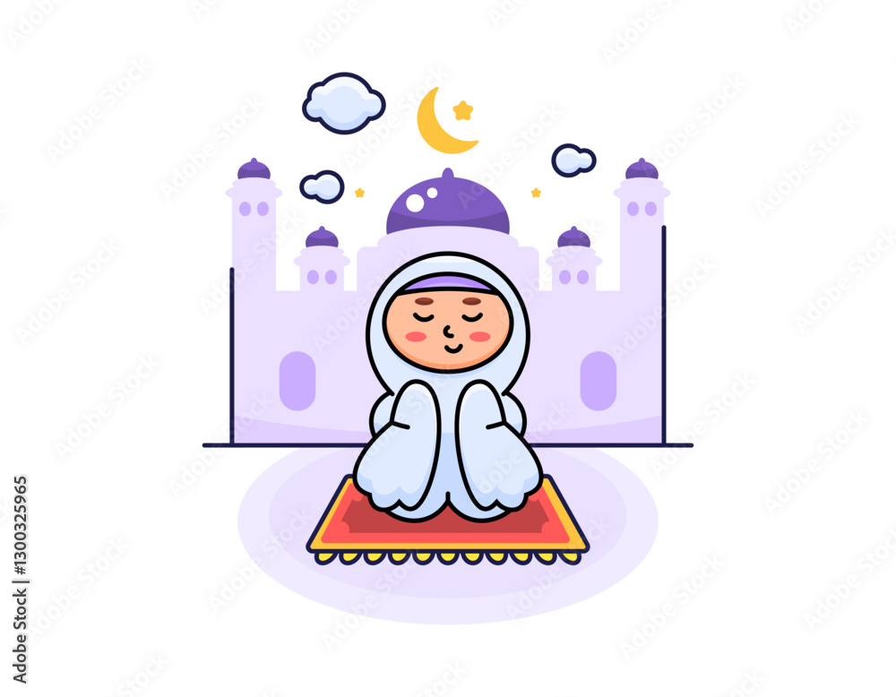 Obraz premium illustration of a muslim girl wearing a mukena and sitting praying. mosque building. concept of celebrating ramadan, eid al-fitr, eid al-adha. worship, tradition, celebration. flat style design