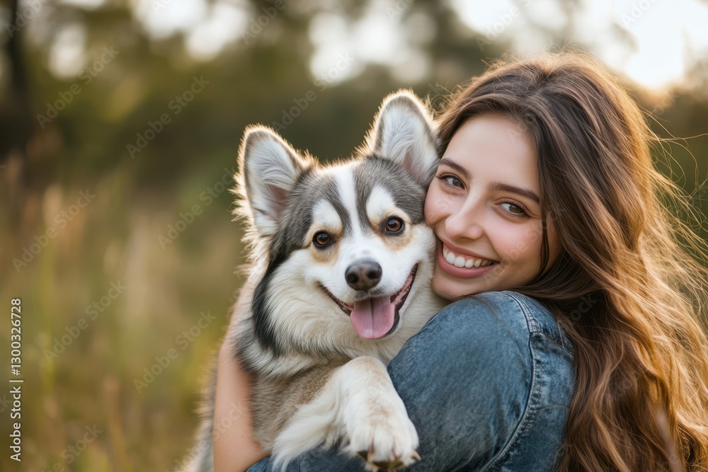 Woman joyfully embraces her playful dog in a sunlit field during golden hour Woman joyfully embraces her playful dog in a sunlit field during golden hour