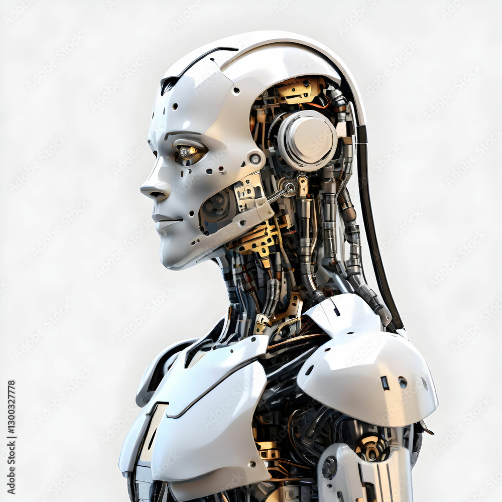 Fototapeta premium AI robot in deep thought, side view, isolated on a transparent background.