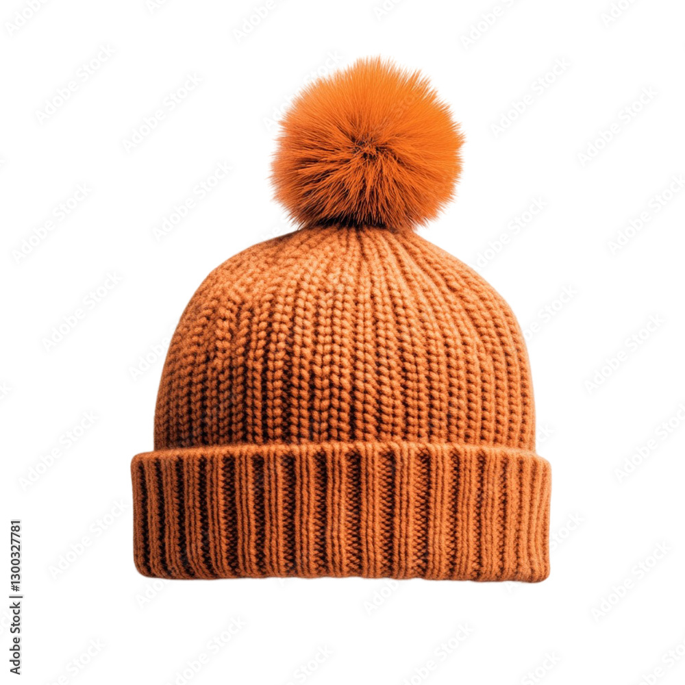 Fototapeta premium Knitted beanie hat with fluffy pom pom, perfect for winter fashion. This vibrant orange accessory adds warmth and style to any outfit
