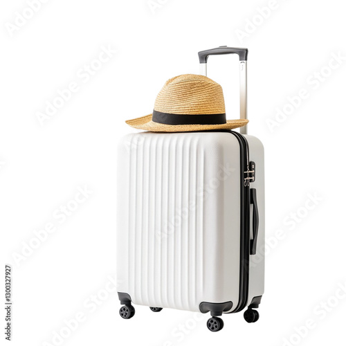 modern travel suitcase with straw hat on top, perfect for summer adventures and vacations. This stylish combination evokes sense of wanderlust and relaxation