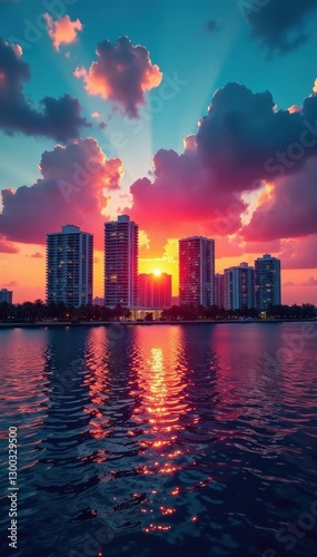 Miami skyline sunset, vibrant colors, Florida cityscape, downtown, sun