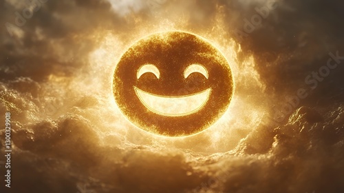 Radiant Smiley Face Emoji Illuminated in Glowing Cloudy Atmosphere