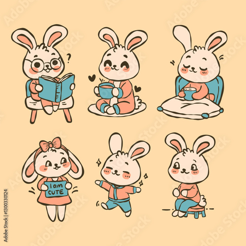 set of funny cartoon rabbits doing daily activities