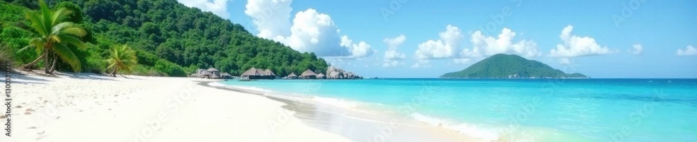 White sand beach, distant green island silhouette, calm sea, wallpaper, view White sand beach, distant green island silhouette, calm sea, wallpaper, view