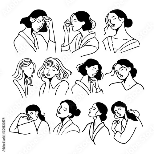 set of women in different mimic and pose lineart illustration
