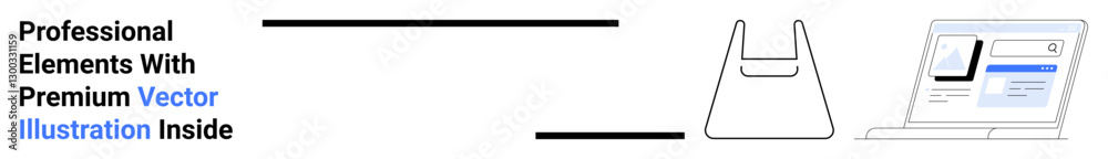 Online shopping setup featuring a shopping bag outline next to a laptop displaying a web page. Ideal for e-commerce, digital marketing, online retail, shopping, web design, user interface, flat