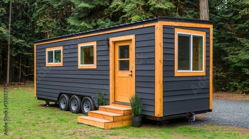 A modern tiny house on wheels with black siding and wood trim, surrounded by trees. Concept of minimalist living and sustainable lifestyle.