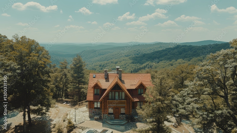 Fototapeta premium Tranquil mountain landscape featuring a rustic cabin amidst verdant foliage and clear skies