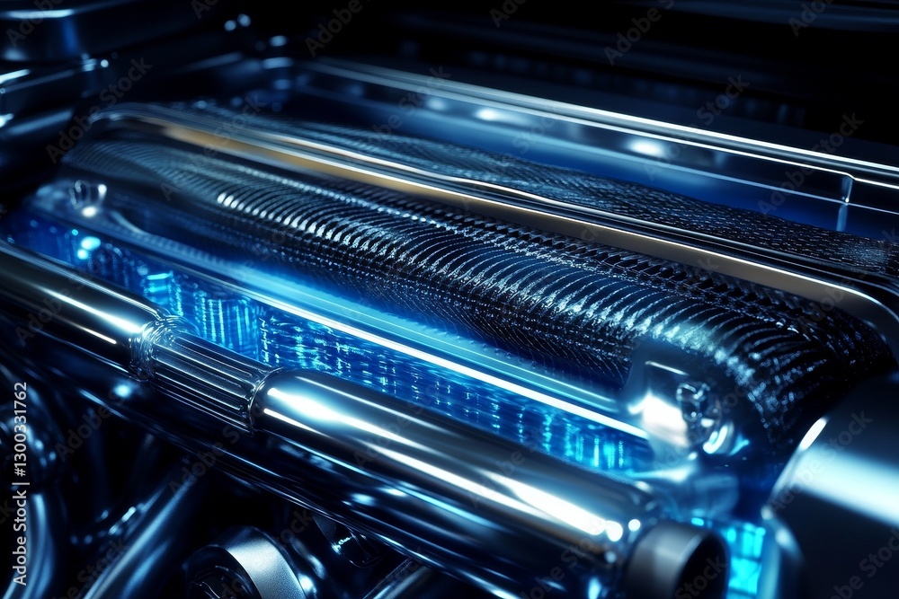 Complex engine technology with blue futuristic lighting and metallic parts. Complex engine technology with blue futuristic lighting and metallic parts.