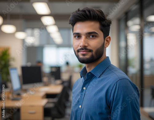 millennial 30s Indian man dressed in casual blue shirt posing indoor. Profile picture of office employee