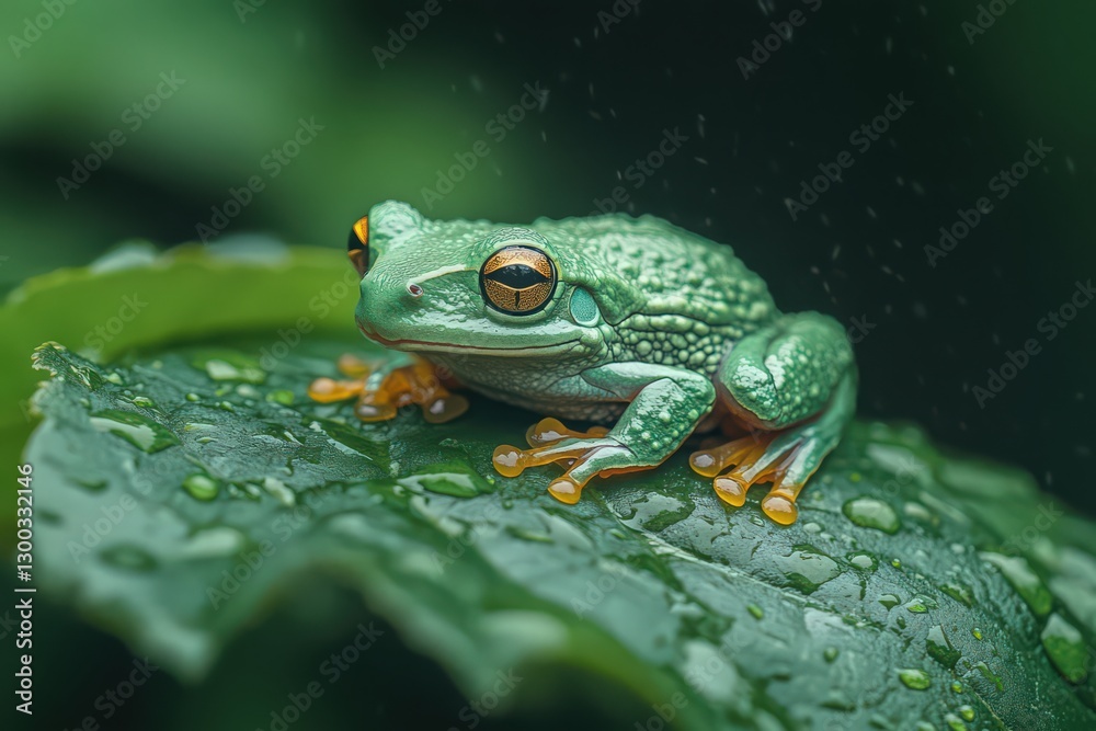 Fototapeta premium Green Tree Frog on Dew-Covered Leaf in Tropical Rainforest