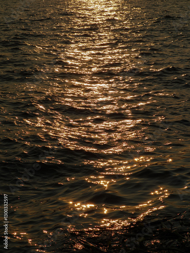 Serene photograph of golden sunlight reflecting on the rippling surface of water. The shimmering light creates a mesmerizing pattern, evoking a sense of tranquility and natural beauty