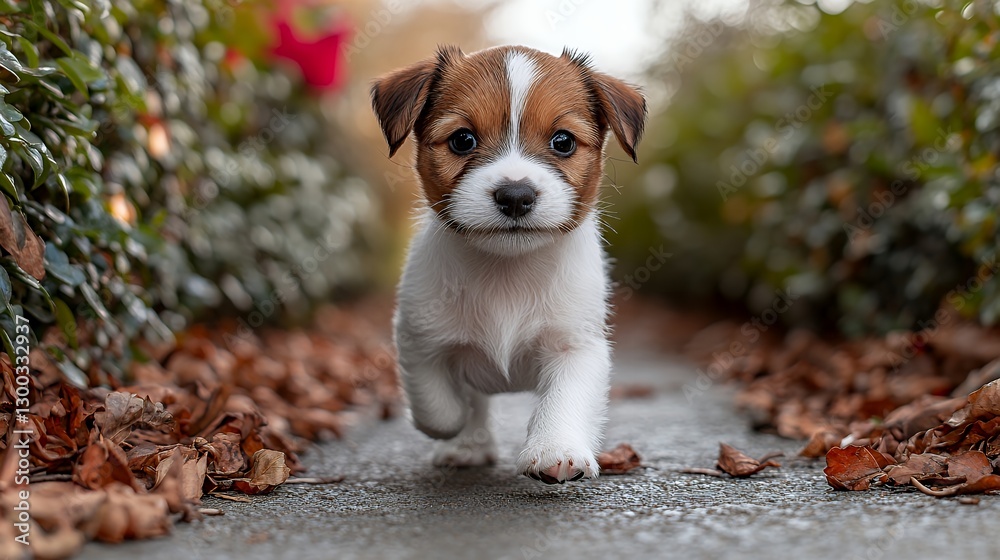 Playful Puppy Running Along Pathway Surrounded by Autumn Leaves Playful Puppy Running Along Pathway Surrounded by Autumn Leaves