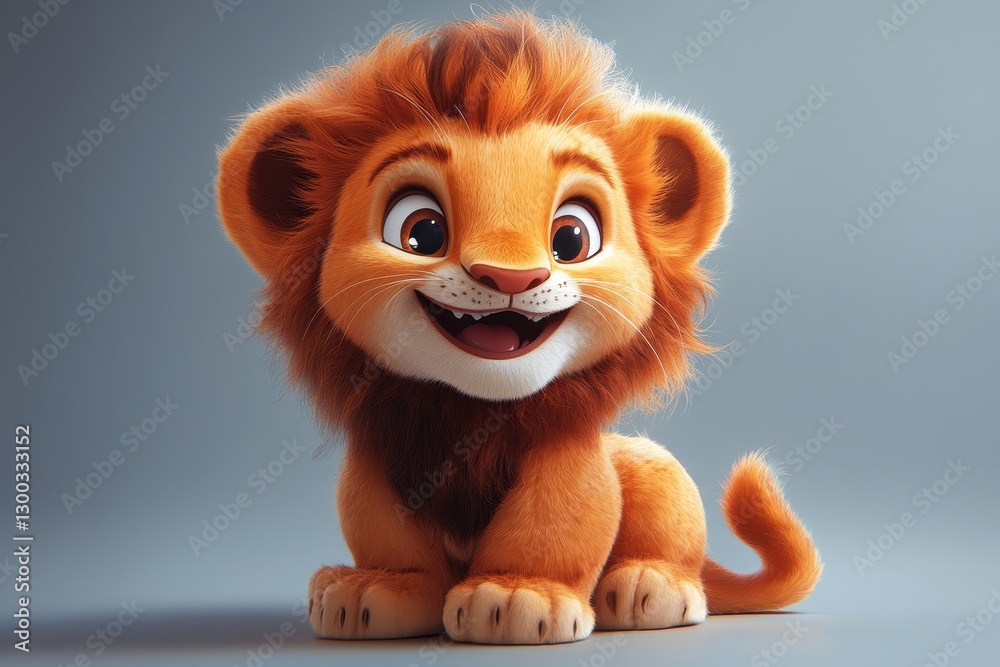Happy animated lion cub with a cheerful expression sitting against a simple background Happy animated lion cub with a cheerful expression sitting against a simple background