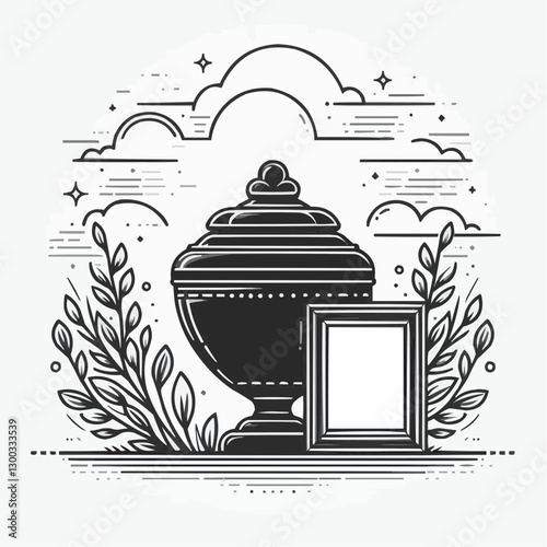 Elegant urn with photo frame, memorial design, artistic illustration, serene atmosphere