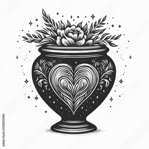 Artistic black and white illustration of decorative urn with heart design and floral accents for decor