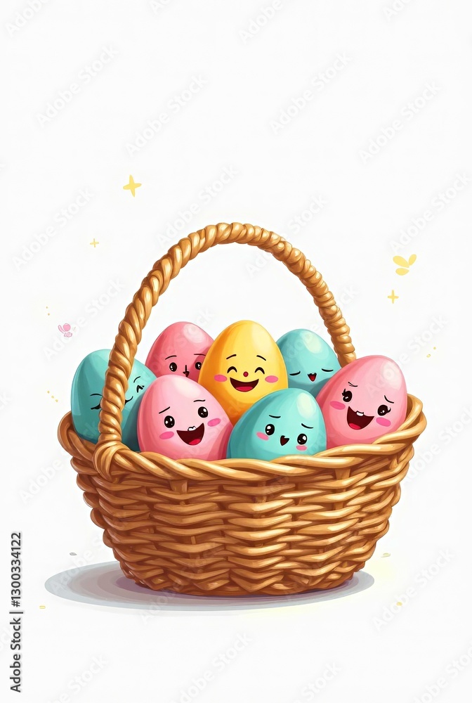 cartoon cute colored eggs with emotions in a wicker basket standing alone on a white background cartoon cute colored eggs with emotions in a wicker basket standing alone on a white background