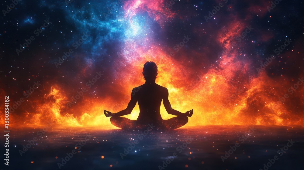 A serene figure meditating in a cosmic landscape filled with vibrant colors and stars A serene figure meditating in a cosmic landscape filled with vibrant colors and stars