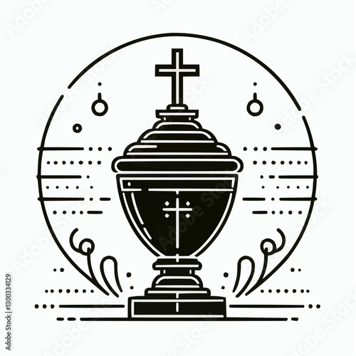 Cremation urn with cross and circular design, spiritual memorial container, black and white art