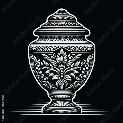 Decorative cremation urn with intricate floral pattern, elegant memorial design, black background