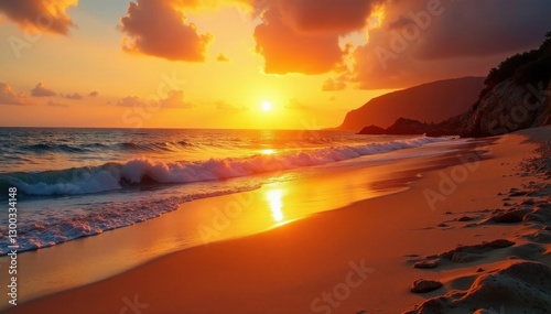 Fiery sunset casts long shadows on golden sand, tranquil sea , beautiful, long, nature
