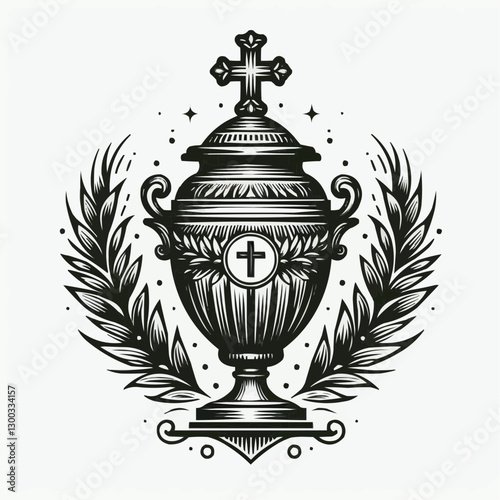 Ornate cremation urn with cross and laurel design, elegant memorial container, black and white artwork
