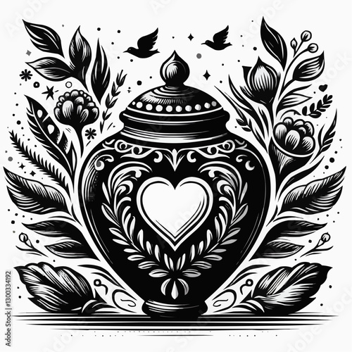 Heart-shaped decorative cremation urn with floral elements, artistic memorial design, black and white
