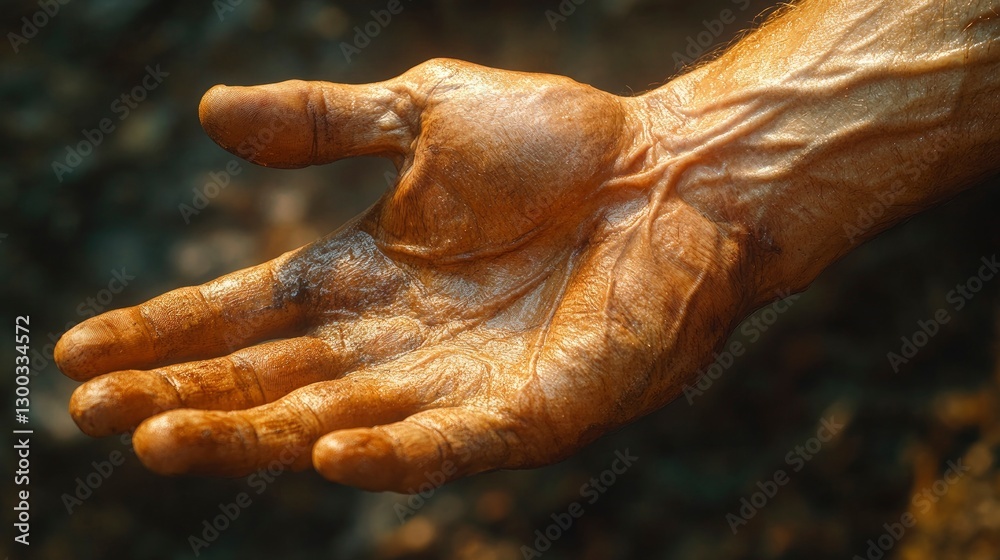 Fototapeta premium Detailed forearm musculature during rock climbing grip, visible veins and tendons, natural outdoor lighting filtering through fingers