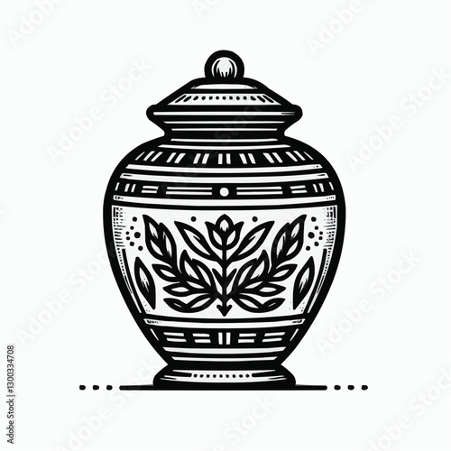 Simple decorative cremation urn with leaf design, elegant memorial container, black and white art

