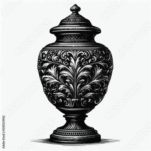 Ornate cremation urn with intricate floral design, elegant memorial container, black and white art