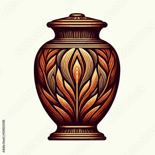 Richly detailed illustration of an ornate urn with floral motifs in warm tones