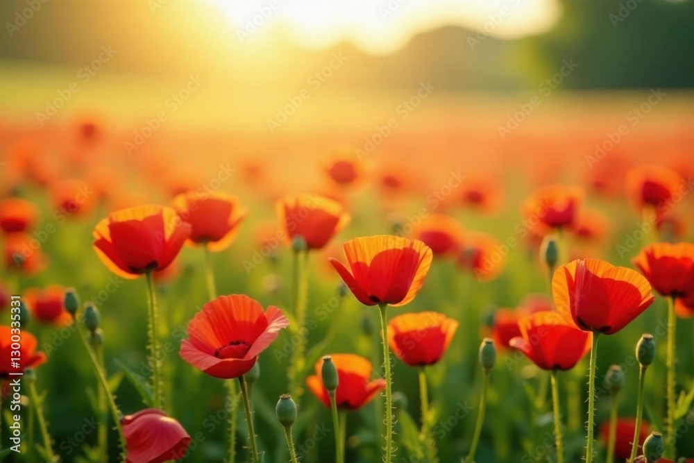 Fototapeta premium A vibrant field of scarlet poppies bathed in the warm glow of the setting sun, a breathtaking scene of natural beauty