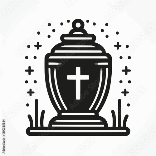 Minimalistic urn design featuring a cross and decorative elements in black and white