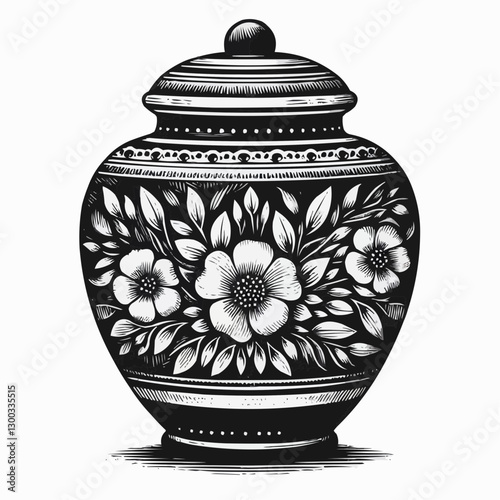 Stylish decorative urn design with floral motifs in black and white