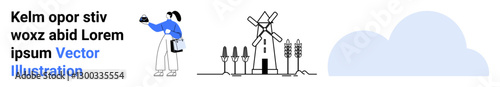 Farmer holding produce basket beside windmill, crops, and cloud. Ideal for sustainability, agriculture, eco-living, renewable energy, farming innovation, rural development flat landing page banner