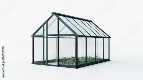 Dark-framed glass greenhouse, plants inside, white background