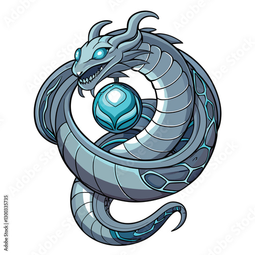 A biomechanical serpent, intricate metallic scales gleaming, wraps around a vibrant, pulsating, glowing orb.  Cybernetic enhancements visible.