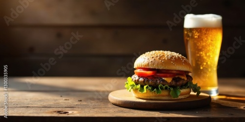 A delicious cheeseburger and a frosty glass of beer rest on a rustic wooden board, bathed in warm sunlight.